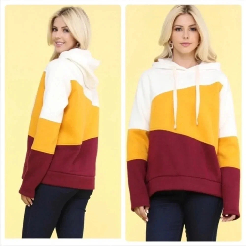 Doublju Color Block Hoodie Sweatshirt — Mustard Maroon Cream Pullover, Sz large